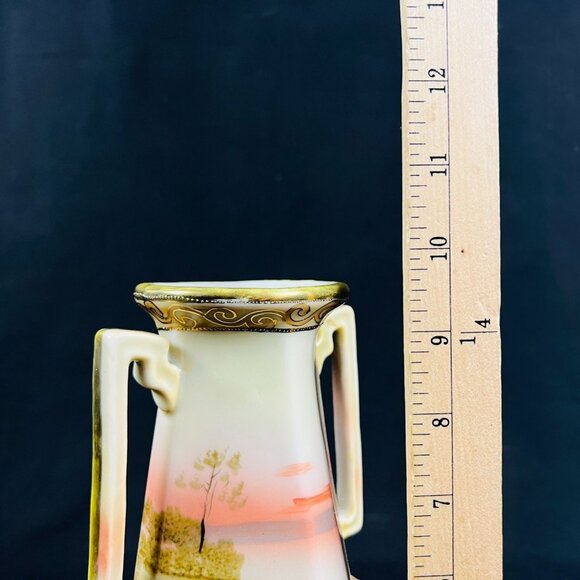 Hand-Painted Landscape Porcelain Vase Gold Accents Made In Japan - Picture 7 of 10